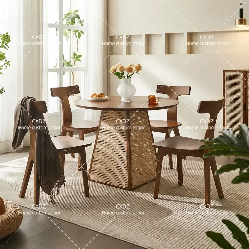 Solid Wood Rattan Dining Table Chair Set Nordic Japanese Round Table Home Restaurant Hotel Furniture