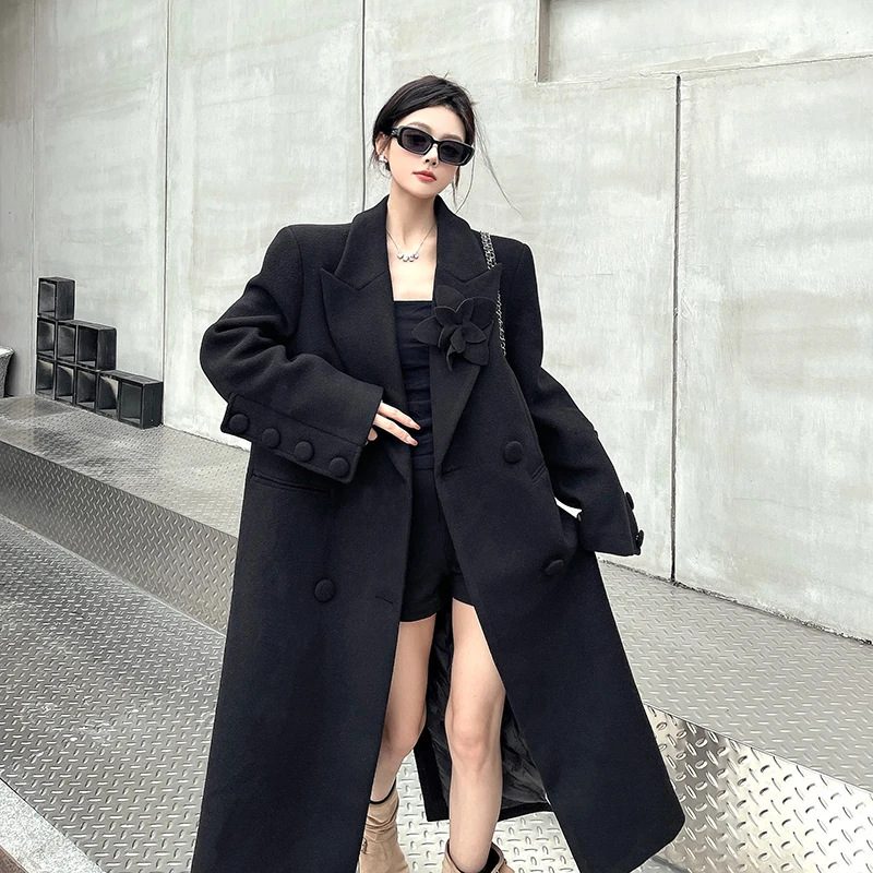 

SuperAen Korean Style 2025 Autumn and Winter New Black Long Suit Jacket Loose Thick Notched Women Flowers Coats