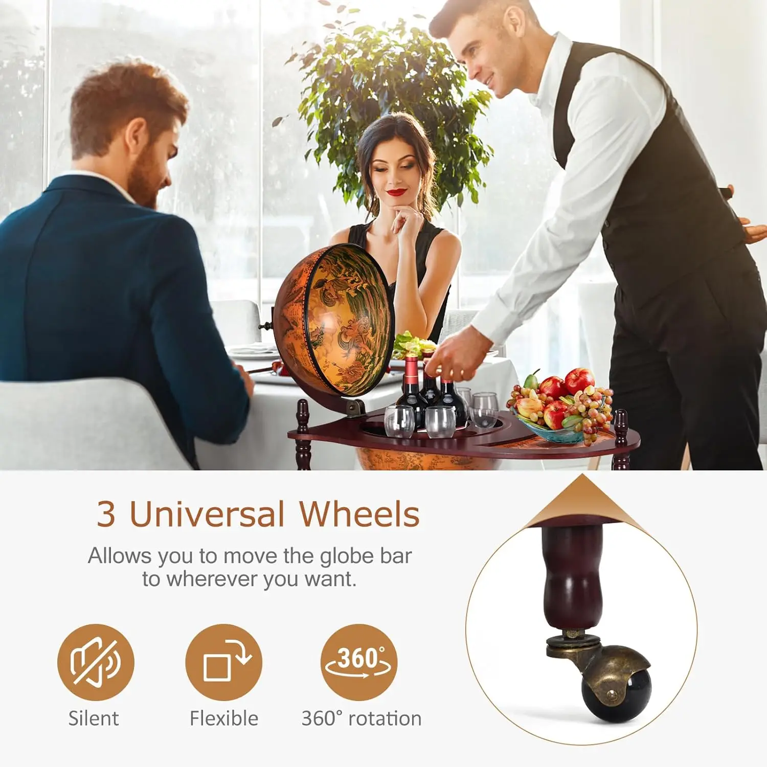 قضيب جلوب، حامل نبيذ خشبي مقاس 34.5 بوصة مع عجلات، رف سفلي وخريطة العالم القديم، مقصورة كحولية إيطالية طبق الأصل من القرن 16 عامًا #1