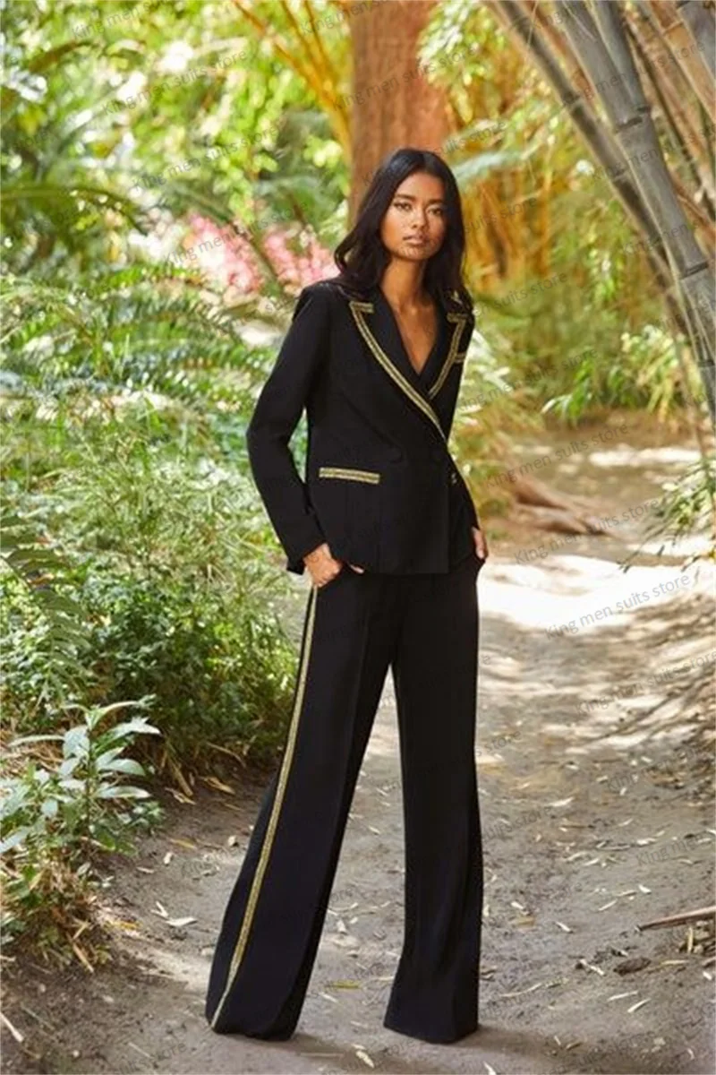 Black Women Pants Suits Set Blazer+Flare Trousers Prom Dress Golden Edge Formal Double Breasted 2 Pieces Office Lady Custom Made