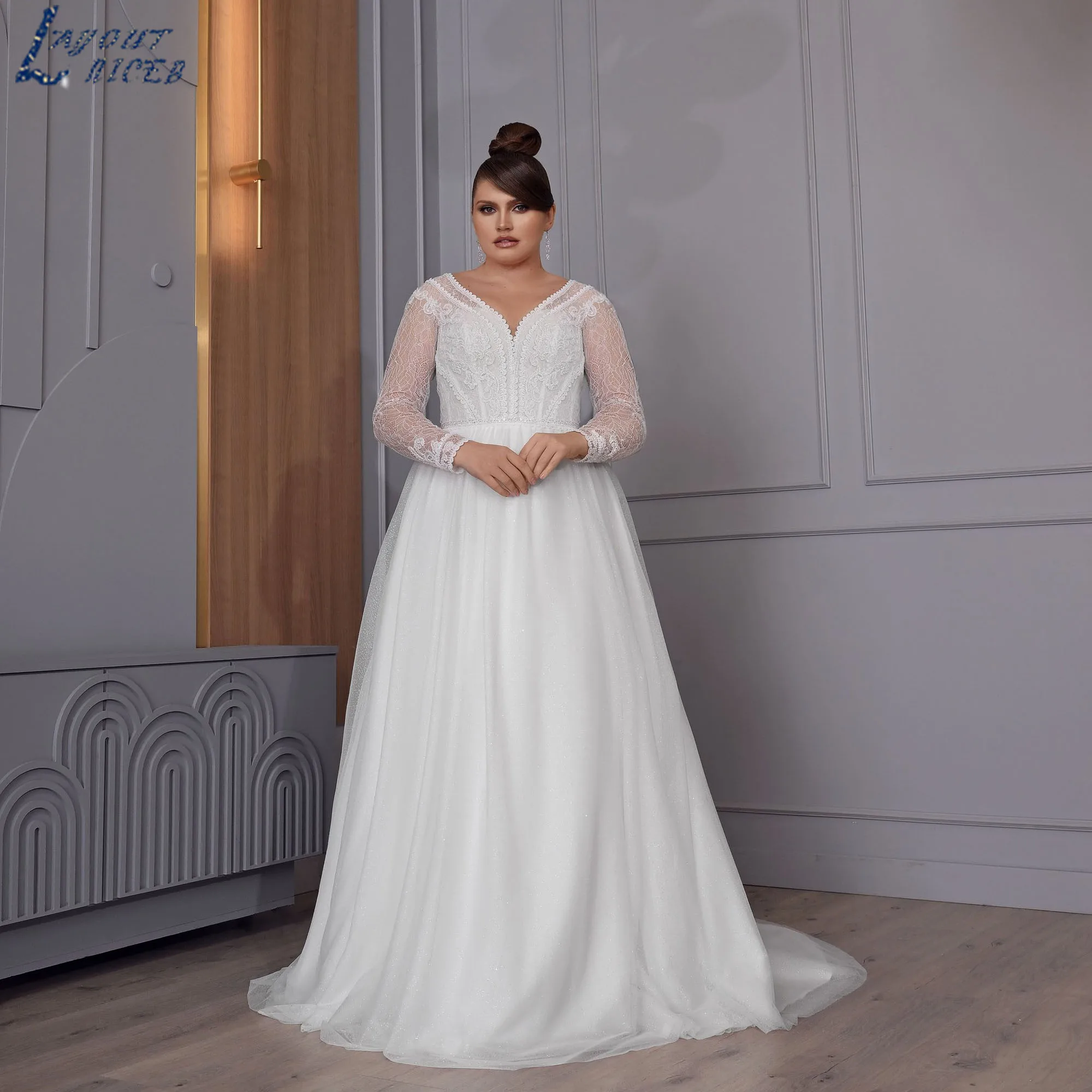 

LAYOUT NICEB Large Size Wedding Gowns Long Sleeve Appliques Lace Vintage Bride Dress V-Neck A-Line vestidos de novia Customized
