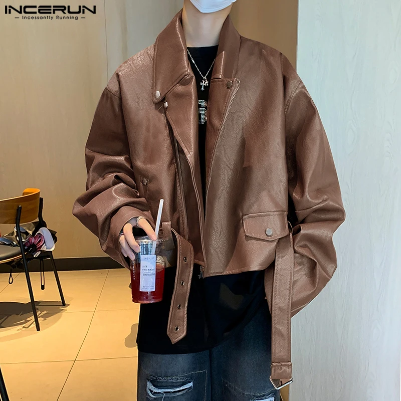 Fashion Casual Style Tops INCERUN Handsome Men Locomotive Wind Zipper Jackets Male Hot Sale Leather Lace Up Long Sleeved Jackets