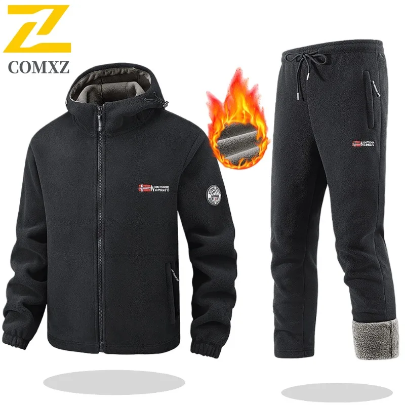 Setelan Latihan Ski Pria Jaket Fleece dan Celana Dua Potong untuk Perlindungan Dingin di Luar Ruangan yang Nyaman Pakaian Olahraga Musim Dingin Ringan untuk Berkemah