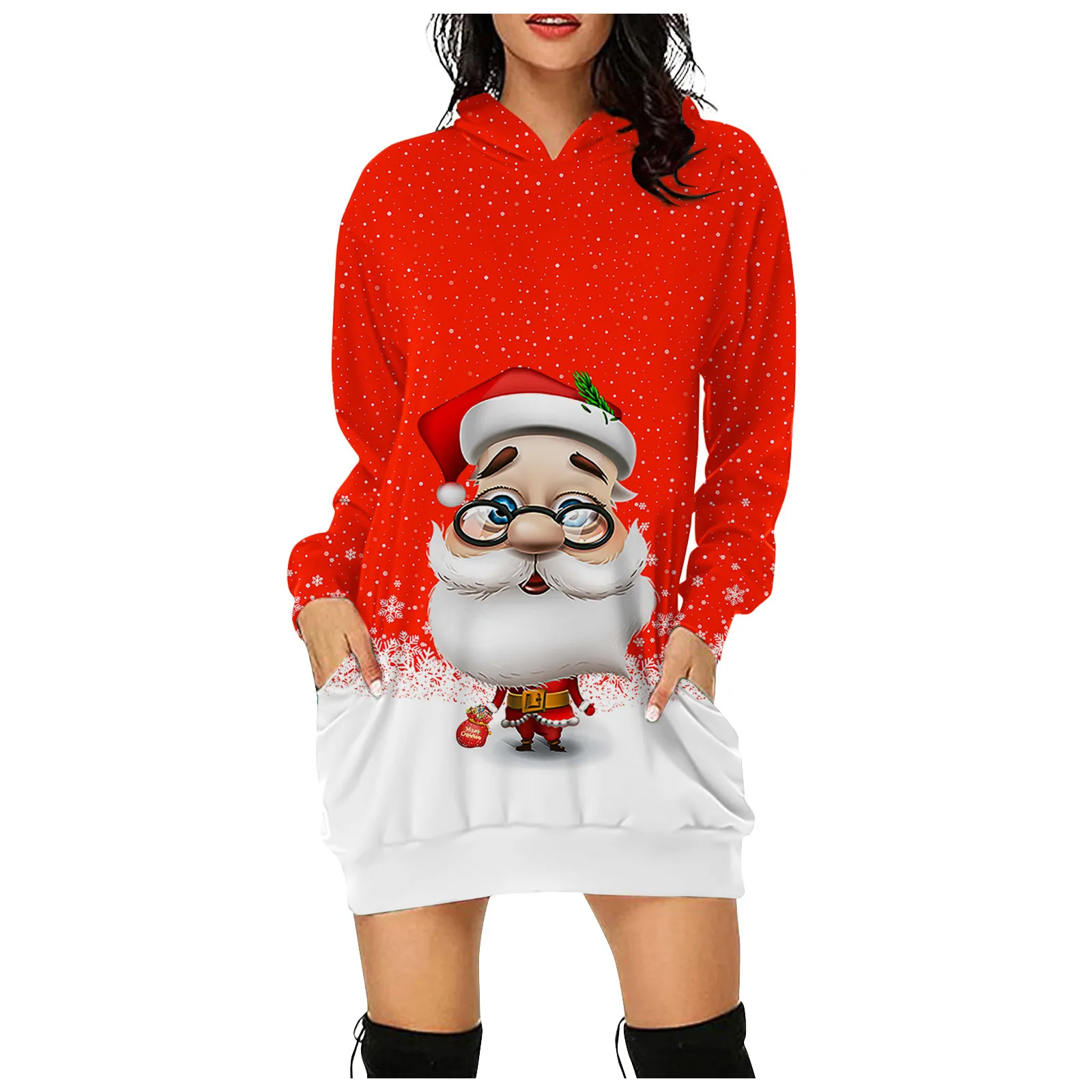 Christmas Women Hoodie Fashion Mid-Length Pullovers 3d Cartoon Santa Claus Print Streetwear Female Christmas Sweatshirt Dress