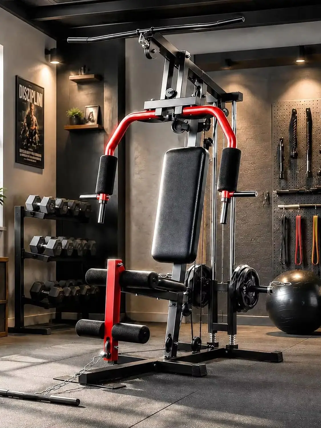 Professionelle Multifunktions-Kraftstation mit integriertem Latzug und doppeltem Seilzug-System – max. Belastbarkeit 180 kg für anspruchsvolles Krafttraining