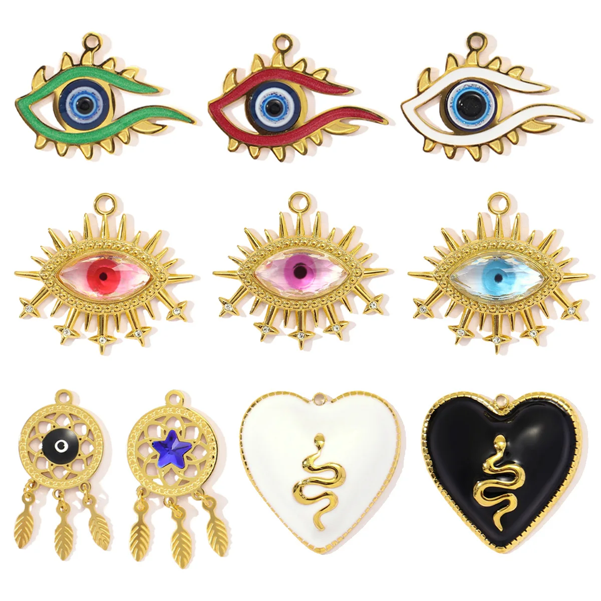 3pcs/Lot Fashion Stainless Steel Enamel Heart Snake Diy Charm Women Dream Catcher Star Necklace Pendant Star Evil Eye Jewelry