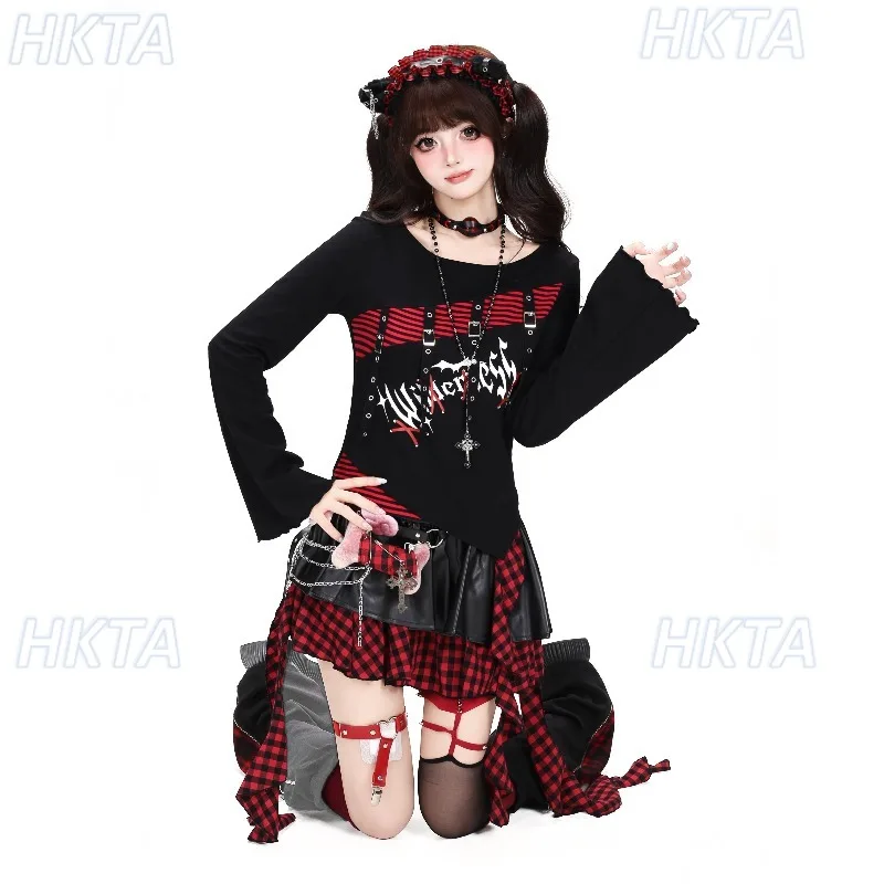 Subculture Y2k Striped Stitching Irregular Waist Horn Long Sleeve T Shirt Sweet Cool Dark Goth Slim Print Black Tshirt Top Women