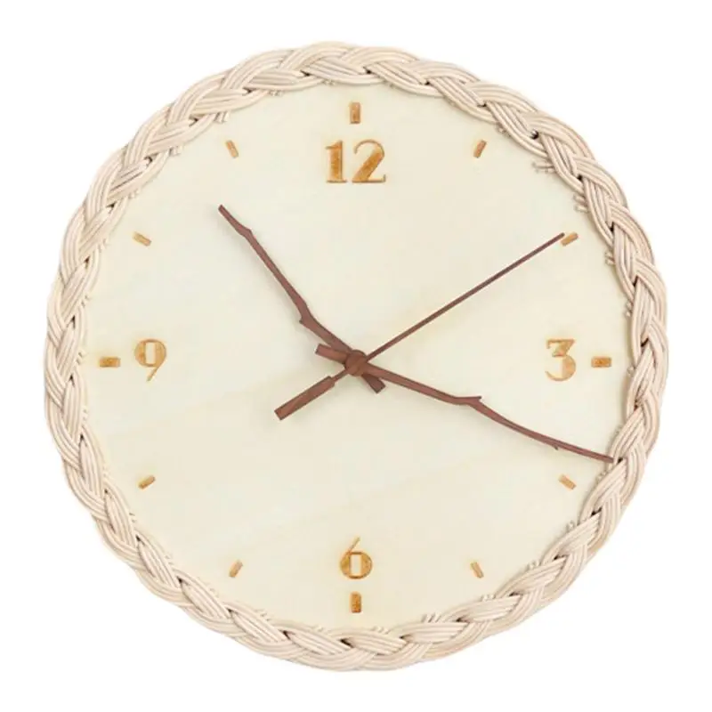 

Boho Wall Clock Decorative Rattan Clock 10.4 Inch Battery Operated Timepiece Creative Non-ticking Round Wooden Clock For Home