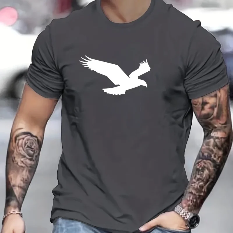 2024 Summer New Men's Simple Fashion Loose T-Shirt Eagle Print Round Neck Solid Color Short-Sleeved T-Shirt Casual Daily Tops