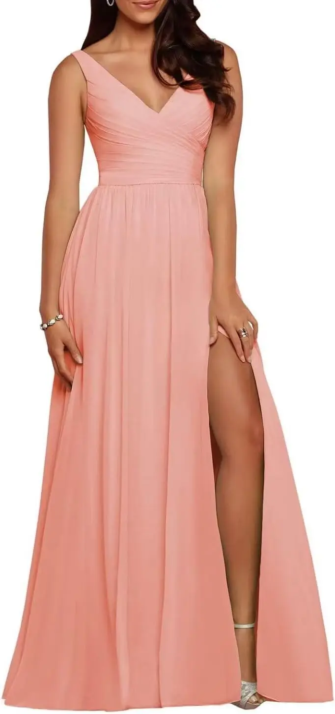 Ladies' Pleated Chiffon Bridesmaid Dress A-line Deep V-neck Long Party Dance Dress Formal Dinner Dress， Elegant Ladies with Slit