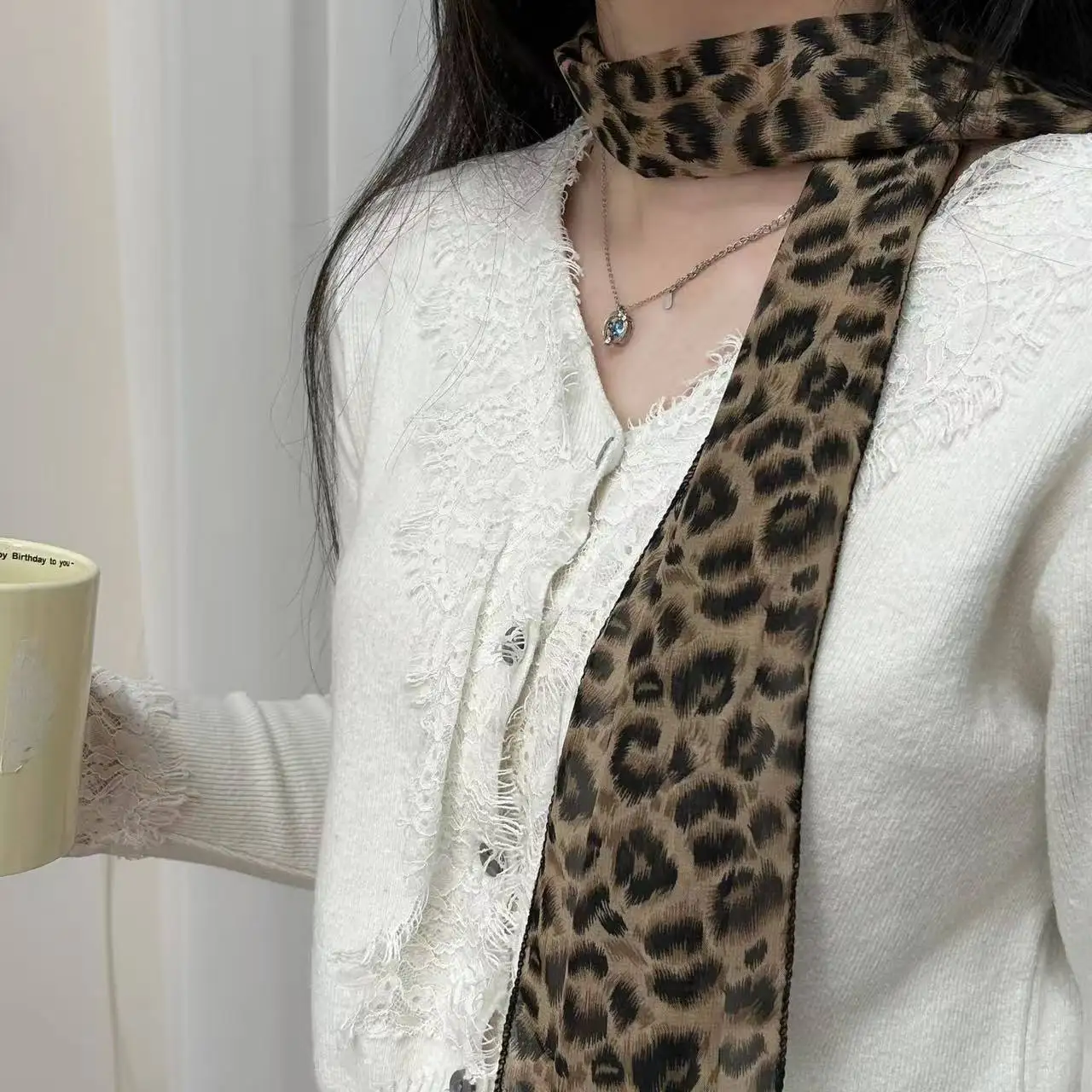 Chiffon Skinny Scarf Leopard Print Long Sheer Versatile Neck Scarf Bag Strap Wrist Wrap for Women Spring Summer Travel