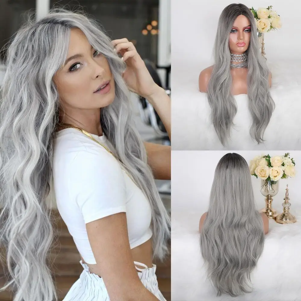 Soft 180Density 26Inch Ombre Ash Blonde Gray Body Wave Long Lace Front Wig For Women With Baby Hair Preplucked Daily Glueless