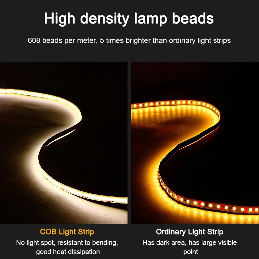 Tira de luces Led Cob de alto brillo, 5M/rollo CCT 2700K a 6500K, regulable, 12V, 24V, Ra90, 608leds, 5MM, 8MM, 10MM, CCT