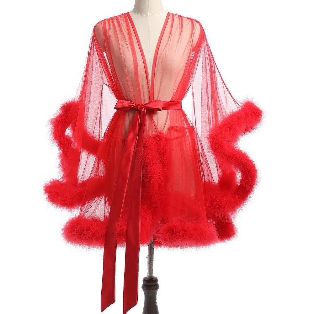 

Sexy Feather Robe Seductive Mesh Perspective Sex Fur Bathrobe Passionate Waist Tightening Robe Dressing Gown