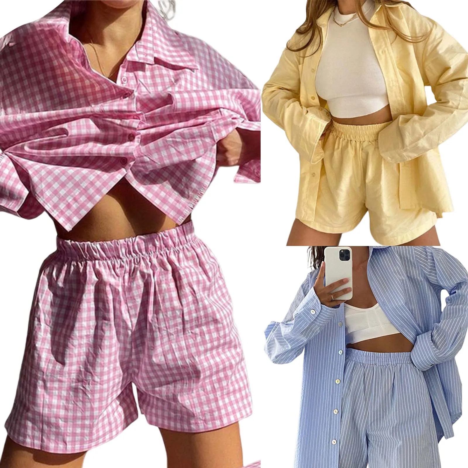 Women's Summer 2Piece Plaid Print Outfits Set Turn-Down Collar Long Sleeve Button Down T-Shirt + Elastoc Waist Shorts