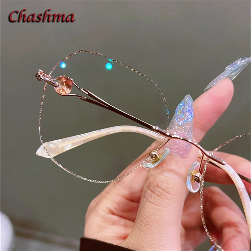 Chashma Rimless Titanium Eyeglasses Glitter Edge Women Ochelari Glasses Girl Customize Shape Myopic Prescription Lenses