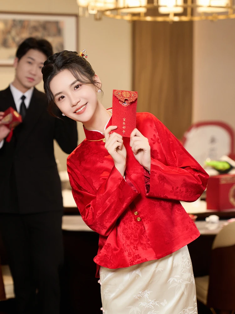 

Qija Nanjiang Red Silk Chiffon Long Sleeve Top for Engagement And Wedding Dresses High End Elegant Chinese Style Women's Fashion