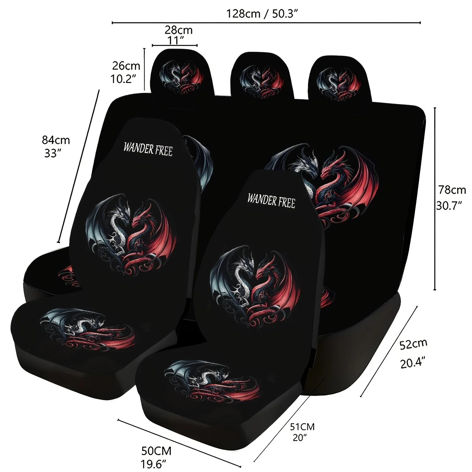 2/6pcs Set Black And Red Two-Color Double Dragon Head Tattoo Sticker Print Car Seat Set, Black Background Personalized Trendy Pr
