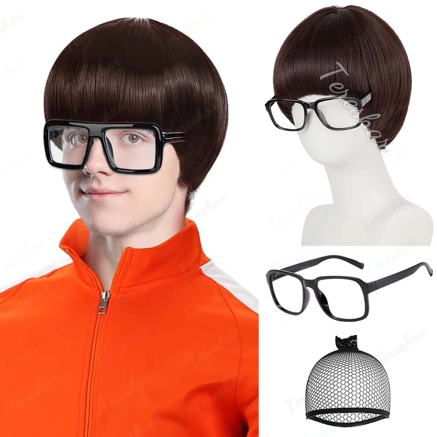

Synthetic Short Brown Mushroom Wig+Glasses for 60s 70s Mens Costume Unisex Anime Funny Wig for Halloween Costume Cosplay Party
