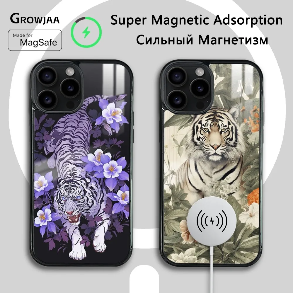 

Flowering Shrubs Tiger Phone Case For iPhone 16 15 14 13 12 11 Pro Max Plus Mini New Magsafe Mirror Wireless Magnetic Cover