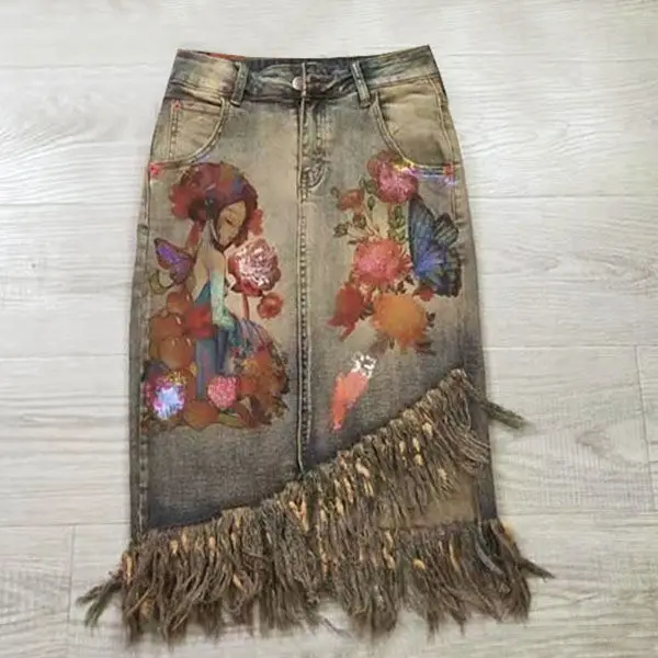 Summer New Denim Skirt Female Furred Edge Printed Irregular Denim A-line Package Hip Denim Skirt Jupe Fleurie Femme Été