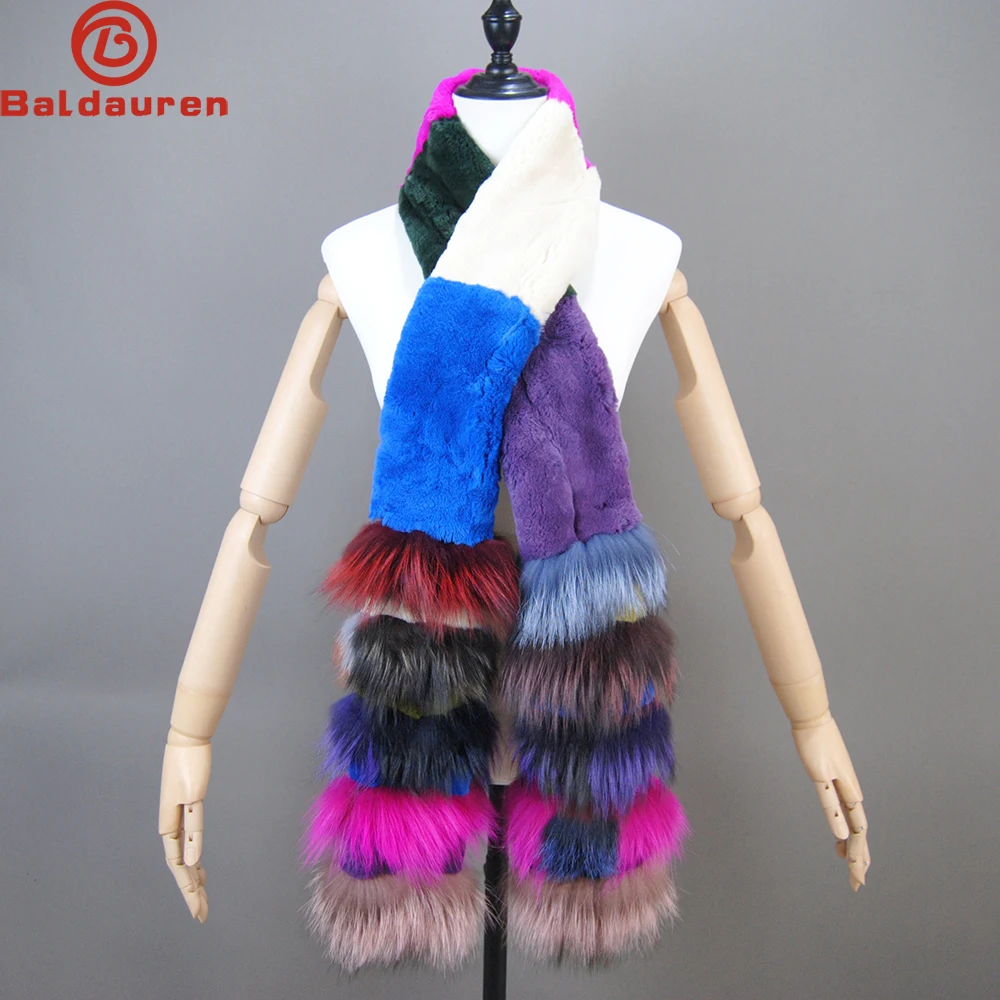 

New Natural Soft Knitted Rex Rabbit Fur Scarf Women Winter Long Style Real Fur Muffler Lady Warm 100% Genuine Fox Fur Scarves