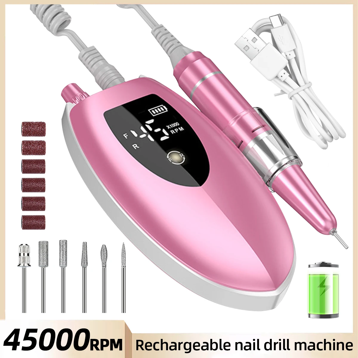 45000RPM Nail Drill Machine Electric Portable Nail File Rechargeable Nail Sander For Gel Nails Polishing For Home Manicure Salon