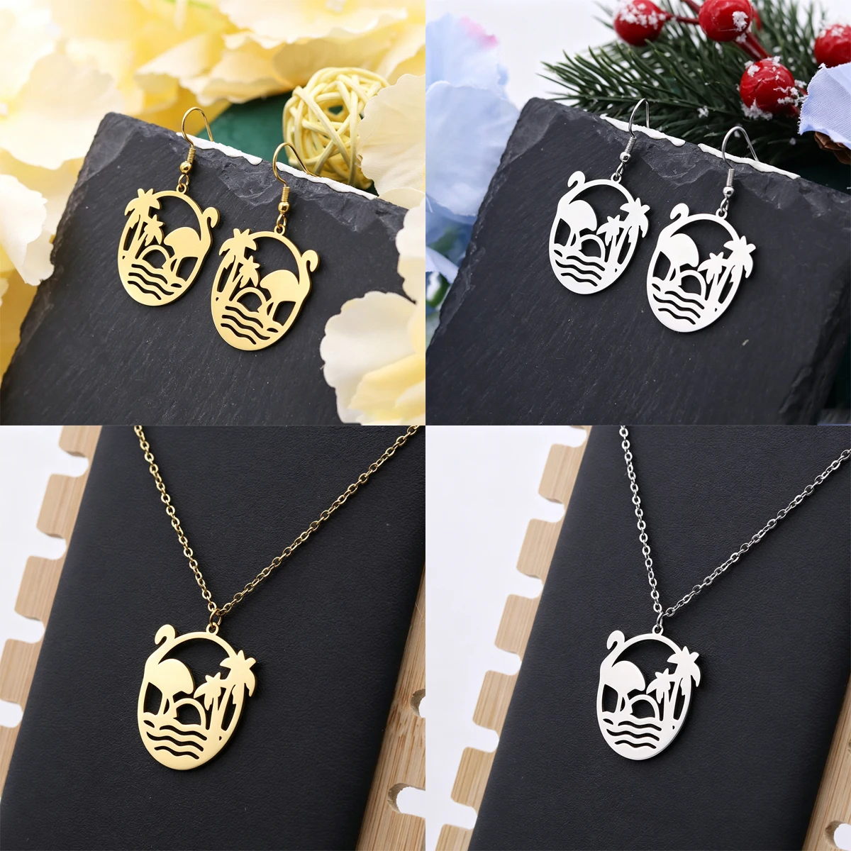 Oferta Especial: Conjunto de Joyería de Acero Inoxidable con Diseño de Flamenco Tropical y Palmera, Collar con Colgante Redondo Hueco y Pendientes de Gancho, Accesorios de Moda