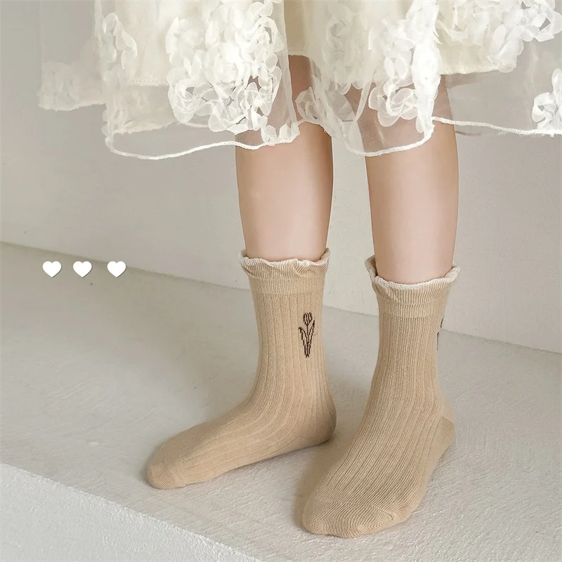 5 Pairs/Set Korean Kids Soft Fashion Socks Children Vintage Solid Color Mid-tube Socks For Boys Girls Princess Lace Socks Autumn