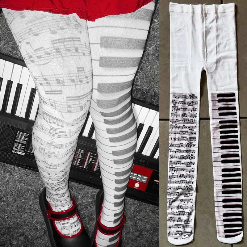 

Y2K Sexy Gothic Music Note Print Pantyhose for Women Girl Stockings Punk Elastic Pantyhose Over Knee Long Sock