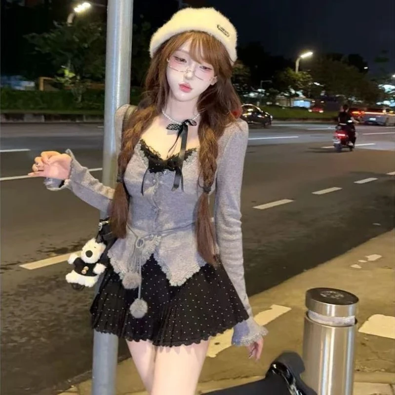 

Японский комплект из 3 предметов Sweet Pure Desire, женский тонкий кардиган + кружевной жилет + мини-юбка, Harajuku, новые осенние наряды в горошек, 2025 г.