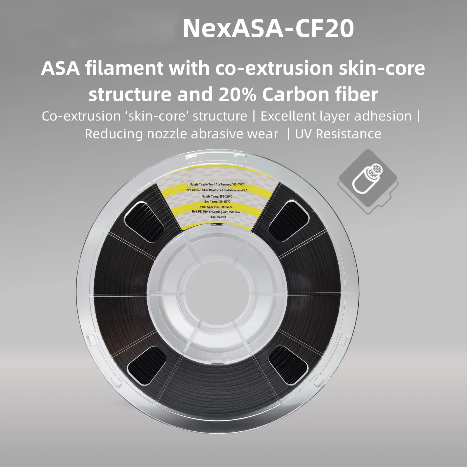 

ASA-CF20 3D Printer Filament,Co-extrusion Skin-core Structur, Superior Weather & UV Resistance, High Strength