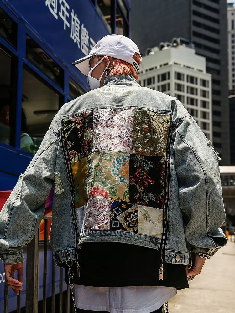 Chaqueta vaquera de retazos con cremallera para hombre, ropa de pareja, abrigo de primavera y otoño, chaqueta de moda