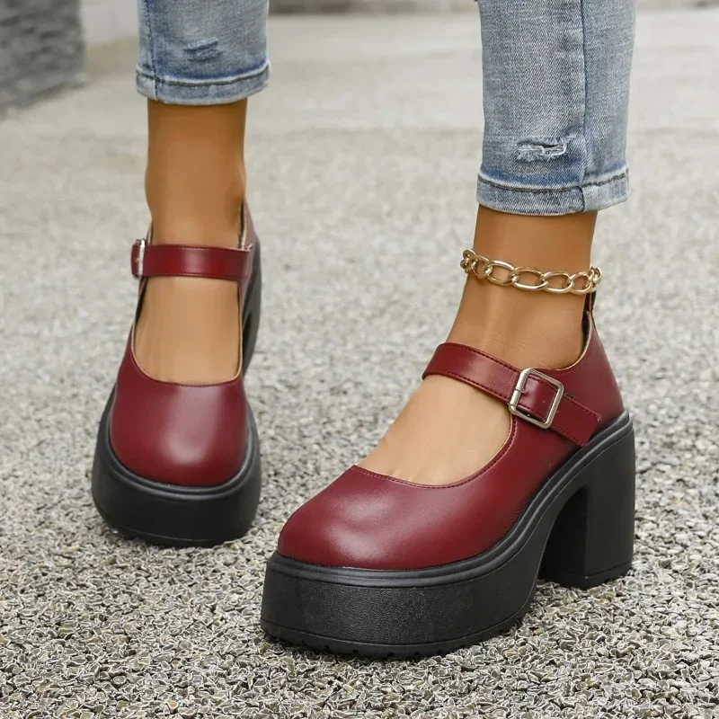 

2025 New Mary Janes Women's High Heels Chunky Heels Round Toe Plus Size Fashion Dress Pumps Women Platform Buckle Strap Shoes