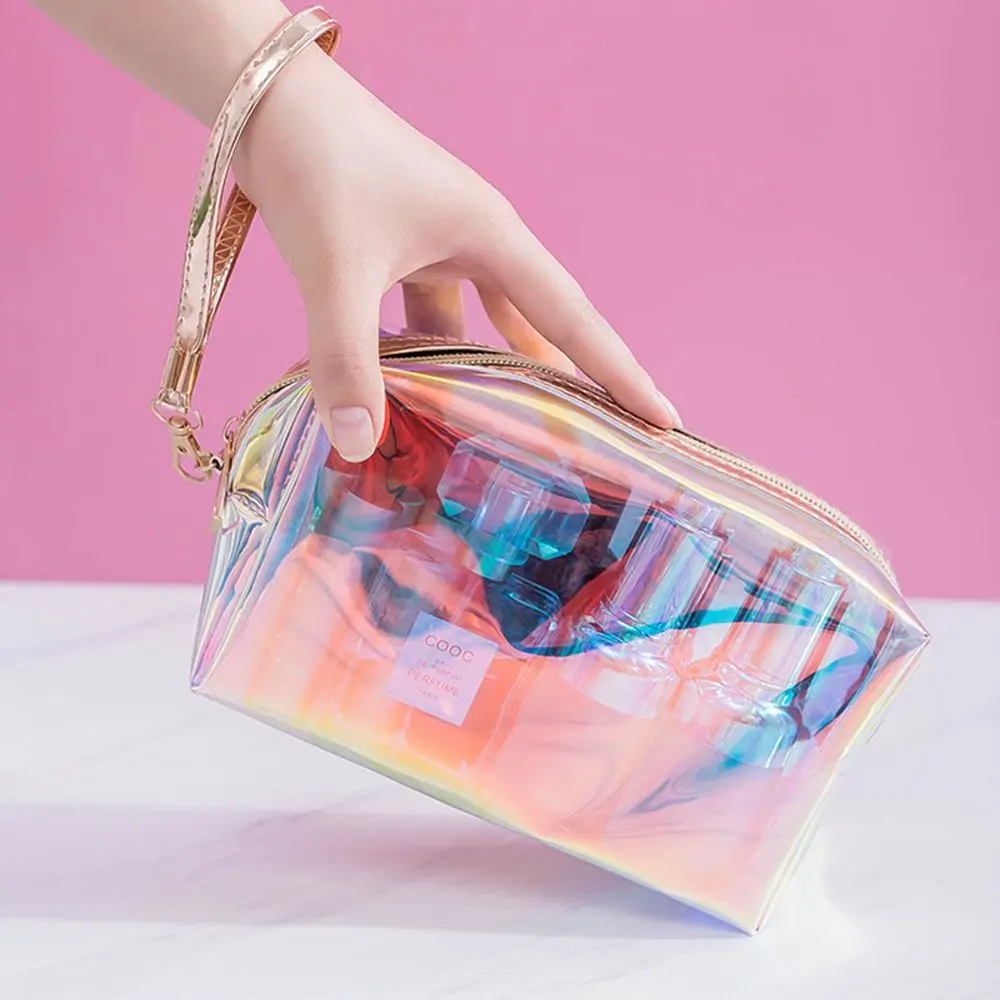 Sac de rangement fourre-tout en PVC transparent coloré pour femme, sac de lavage de bain, sac cosmétique de voyage, trousse de toilette, fermeture éclair, poudres de maquillage