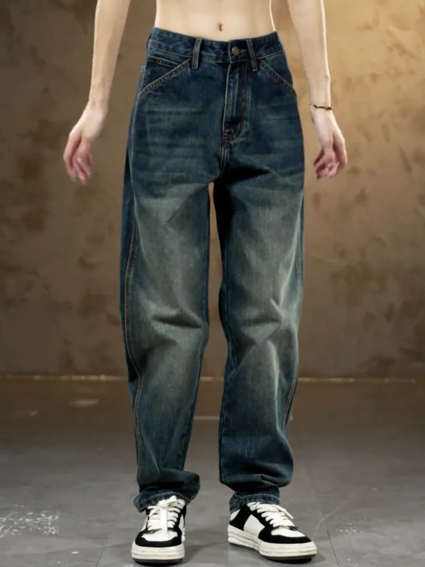 

Retro American Style Jeans Trendy Fashioned Washed Thickened Men's Loose Straight Casual Pants Youth Popular All Seasons Wear