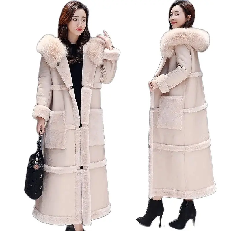 New Winter Lamb Fur Coat Women Jacket Big fur collar Long Fur Overcoat Faux Leather Thick Warm X-Long Coat Elegant Female