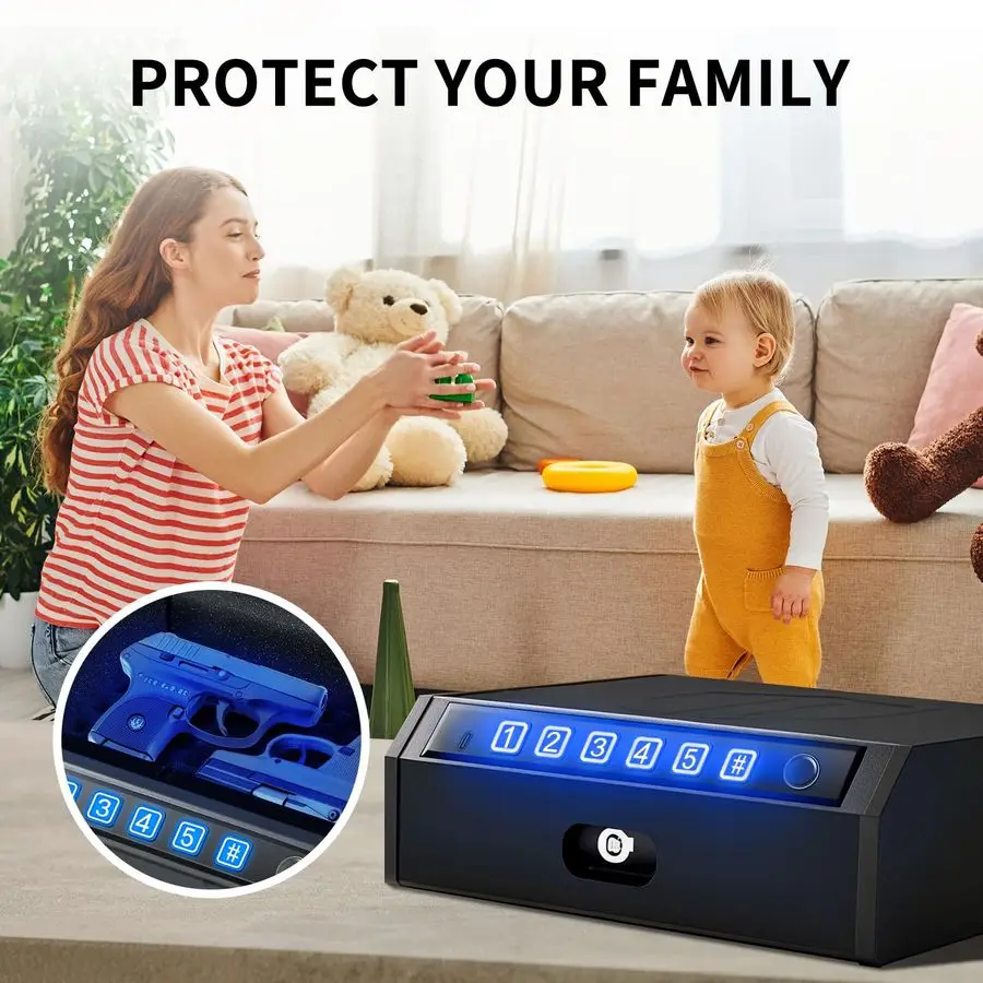 صندوق قفل المسدس البيومتري، آمن لبصمات الأصابع مع تشغيل هادئ، لوحة مفاتيح رقمية، احتياطية للمفتاح اليدوي، حشوة إسفنجية داخلية