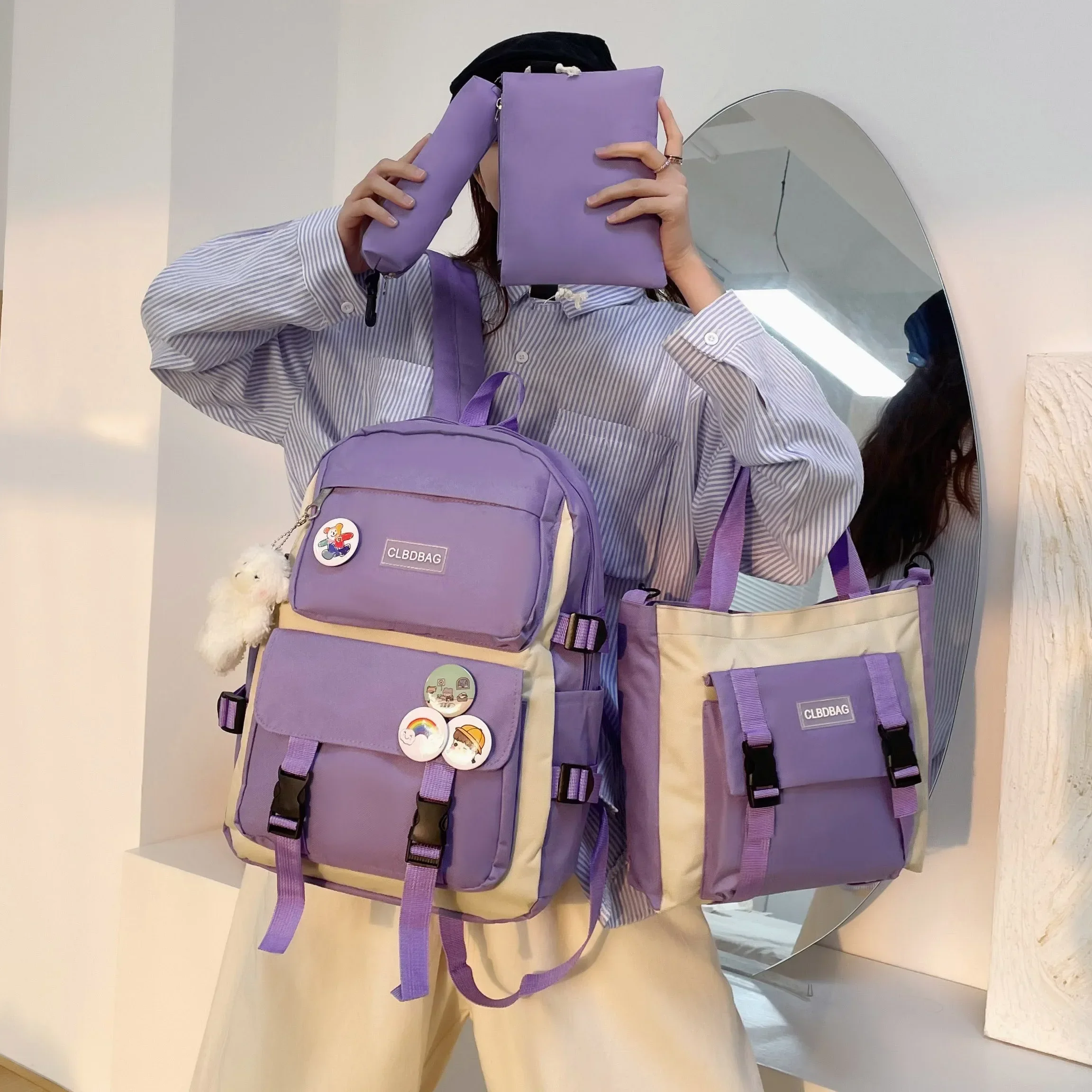 4 Pcs Set Harajuku Women Laptop Backpack Canvas School Bags for Teenage Girls Kawaii College Student Kids Book Bag Rucksack 2021