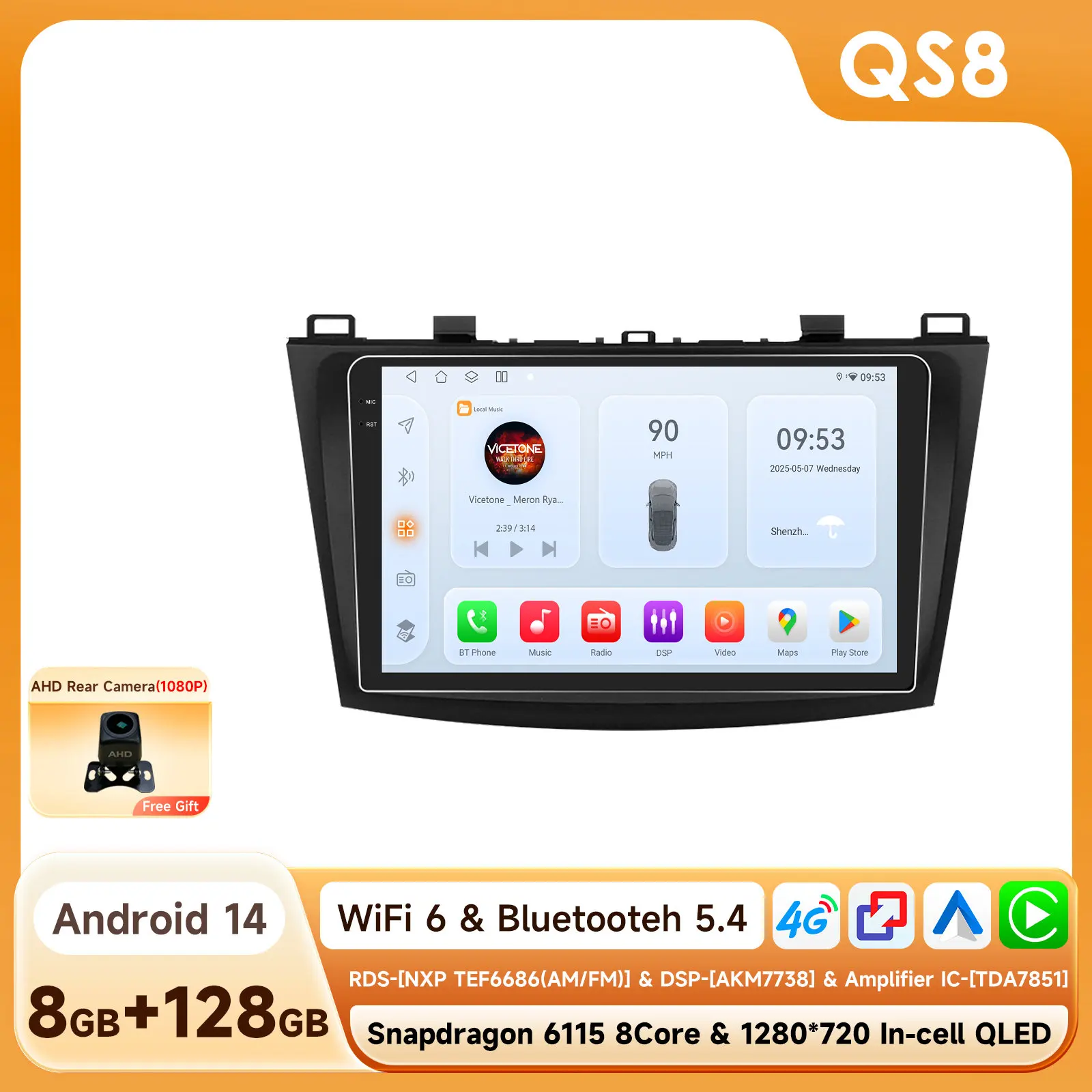8G + 128G Android 14 Autoradio Speler Voor Mazda 3 2010 2011 2012 2013 Autoradio GPS Navigatie WIFI RDS IPS Multimedia Stereo 2din