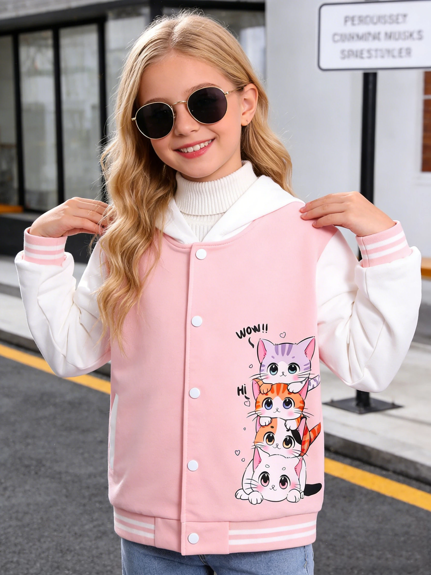 Girls' baseball jacket, children's heart-shaped cat print casual outdoor wear, suitable for daily wear in spring and autumn