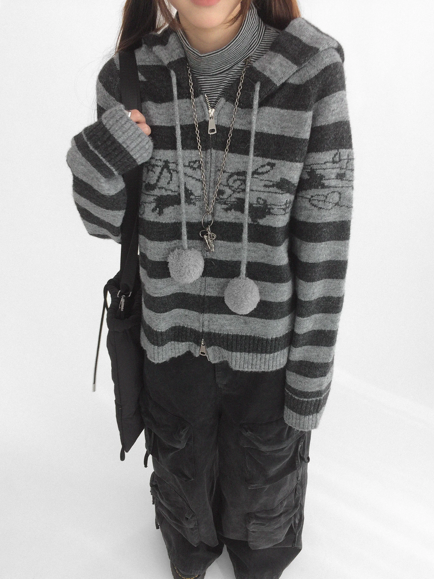 

Кардиган-свитер Innood Bunny Band с капюшоном, полосатый шерстяной пальто-кардиган, женский свободный крой, с длинными рукавами, на молнии, осенне-зимняя мода