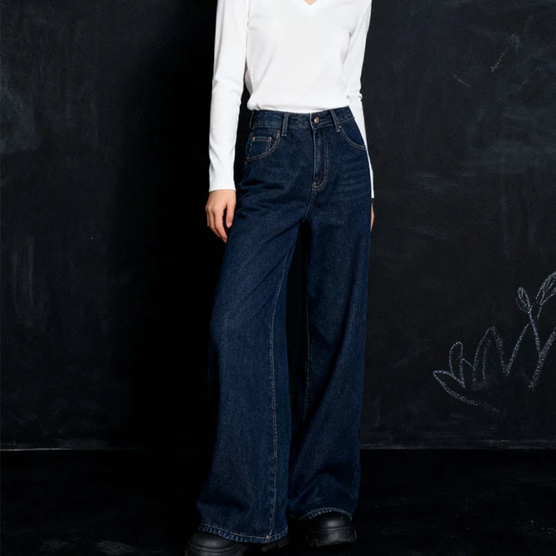 جينز نسائي شتوي Y2K واسع الساق من قماش الدنيم الحراري مبطن بالصوف الدافئ طراز كلاسيكي غير رسمي للطقس البارد #3