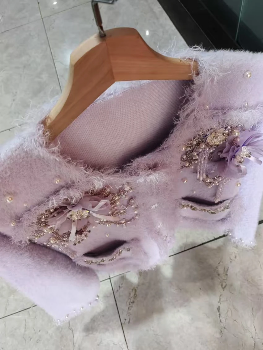 

Роскошный вязаный кардиган из искусственного меха с цветочными кристаллами и бриллиантами для женщин, небольшой ароматный свитер с v-образным вырезом, пальто, верхняя одежда, вязаная куртка