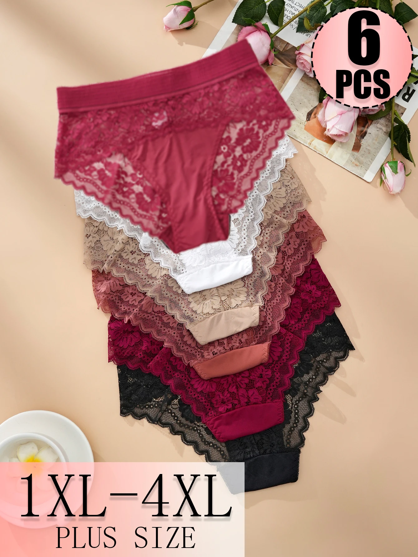 6PCS Plus Size Women's Sexy Lace Plus Size Women's Underwear, Close Fitting, Breathable, Comfortable, High Elasticity Plus Size Women's Underwear view 4