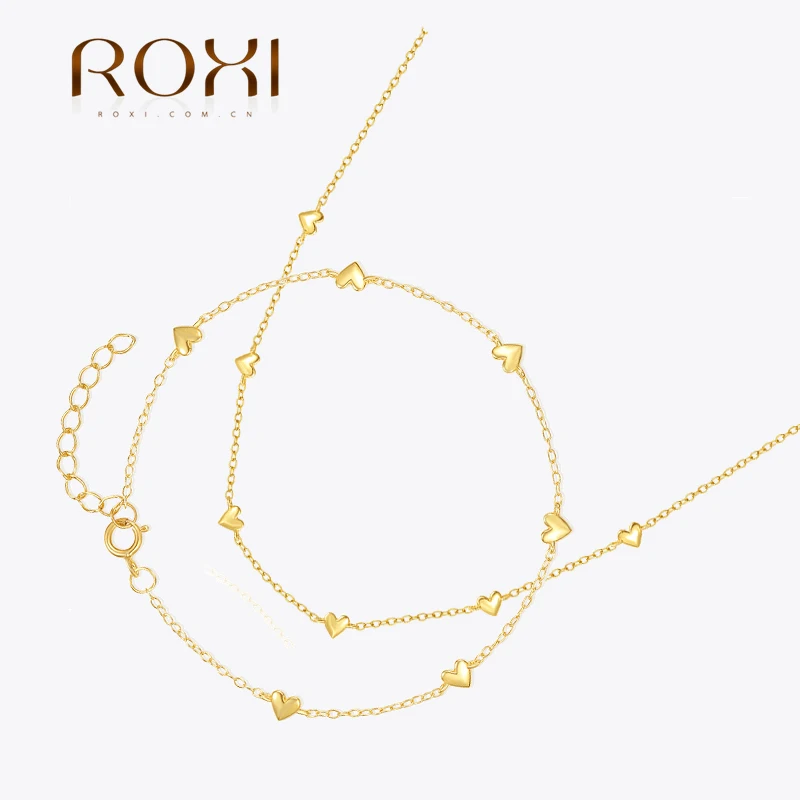 ROXI 925 Sterling Silver Smooth Heart 17cm Bransoletka dla kobiet Party Pulseras Plata 40cm Miłość Wisiorek Naszyjnik Biżuteria Prezent