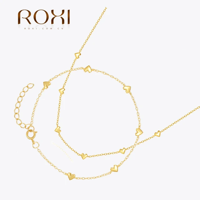 ROXI 925 Sterling Silver Smooth Heart 17cm Bransoletka dla kobiet Party Pulseras Plata 40cm Miłość Wisiorek Naszyjnik Biżuteria Prezent