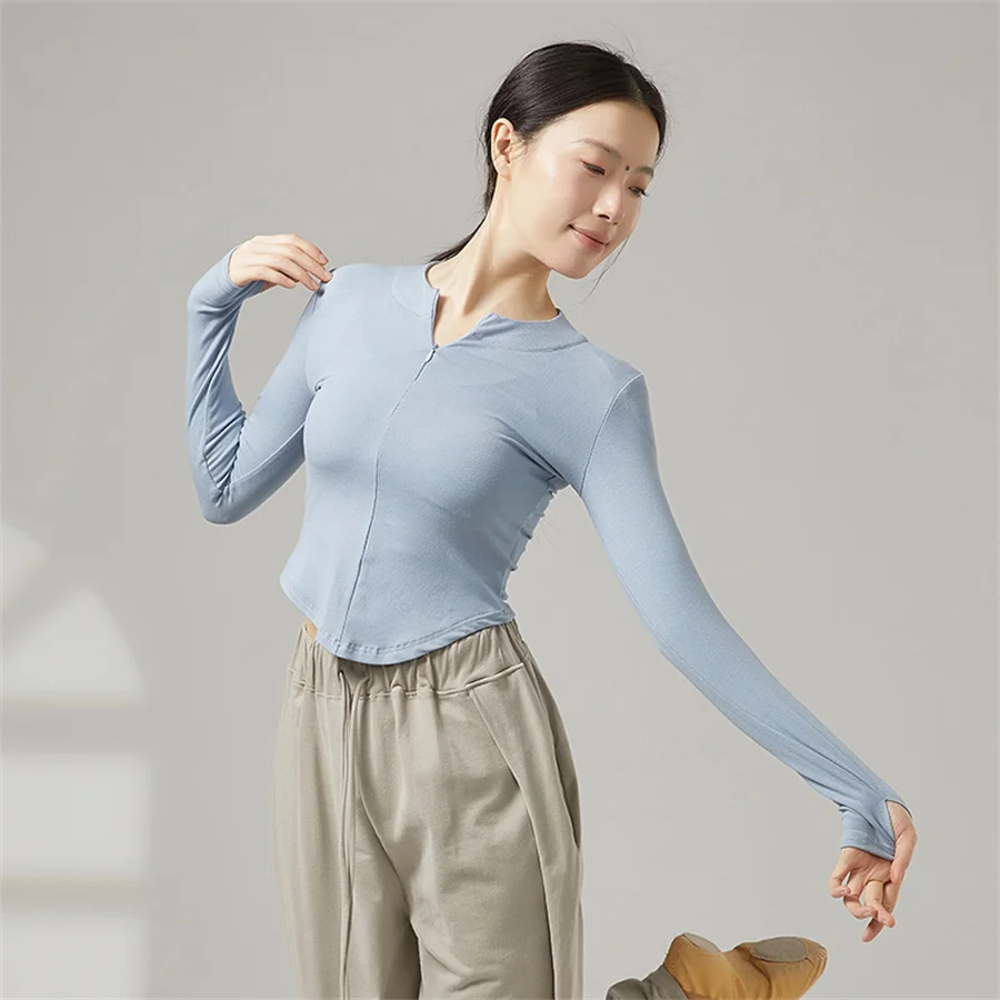 Women Yoga T-Shirt Adult Modern Dancing Long Sleeve Tights Girls Ballet Training Costume Classical Dance Top With Zipper