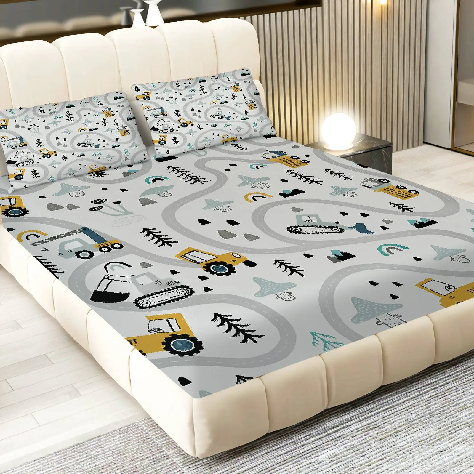 3-Piece Mattress Protector Set, 2D Flat Print Fitted Sheet, Road Trip Adventure Fitted Sheet Set with Fun Themes, Construction Site Bedding Set, Mattress Protector