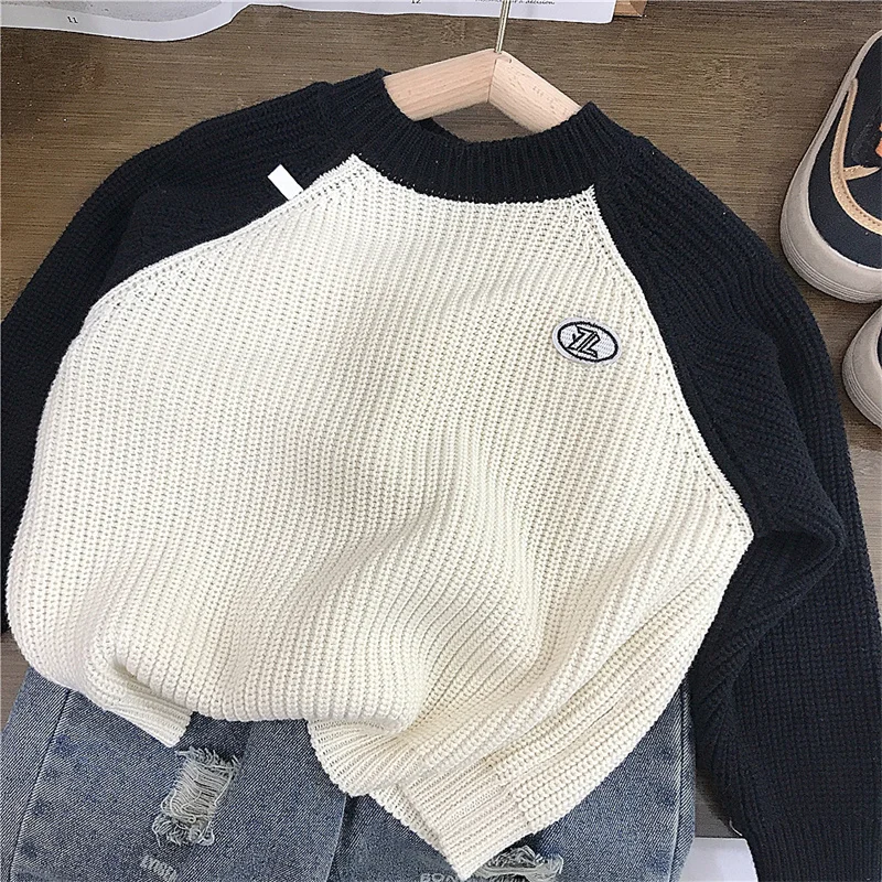 

Girls Sweater Wool Coat Kids Tops Knitting 2024 Splicing Thicken Warm Winter Autumn Pullover Christmas Gift Cotton Children's Cl